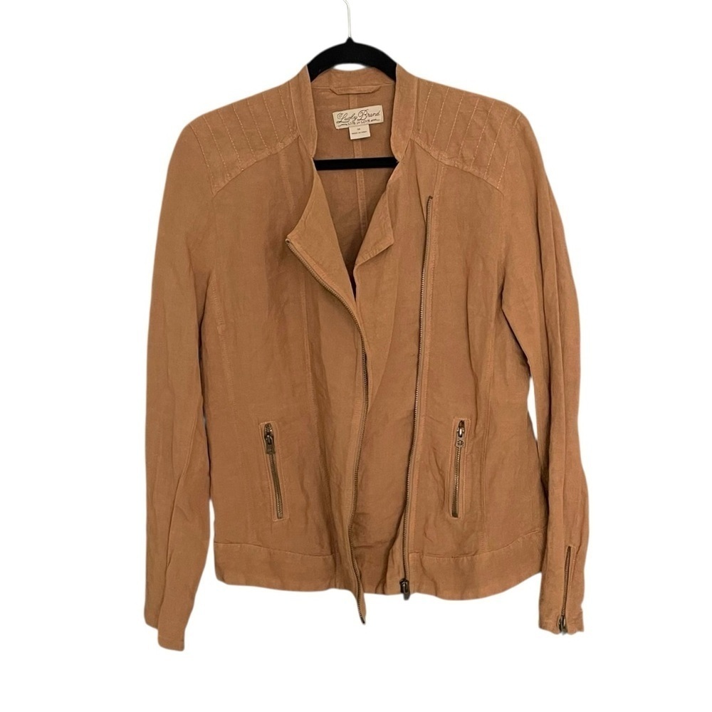 LUCKY BRAND Linen Asymmetrical Moto Jacket Camel M